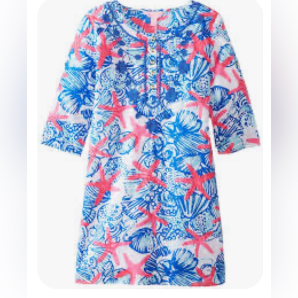 Lilly Pulitzer girl swim cover tunic dress 3/4 sleeve Pink Blue Starfish Dress M